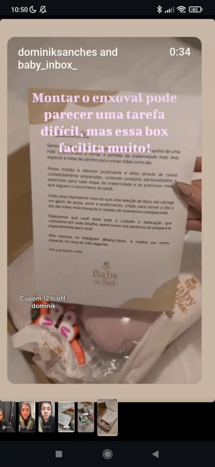 Story de influenciadora mostrando o unboxing da Baby in Box