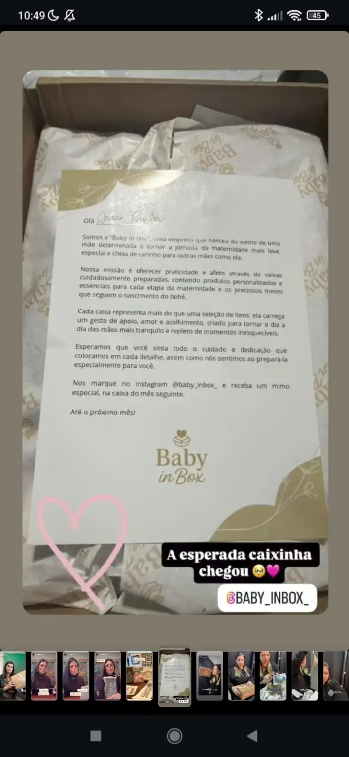 Story compartilhando a chegada da caixa Baby in Box